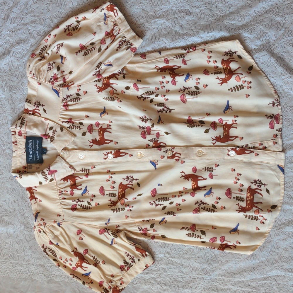 Modcloth X Princess Highway Mushroom Deer Print Short Sleeve Blouse Size 6